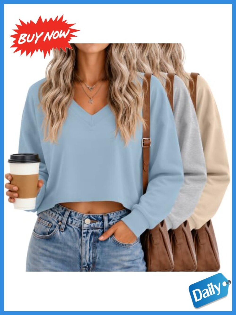 Ficerd 3 Pack Women's V Neck Crop Tops Oversized Cropped Tshirt
